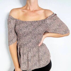 Urban Romantics Tan Leopard Print Smocked Elastic Peplum Blouse Size Small